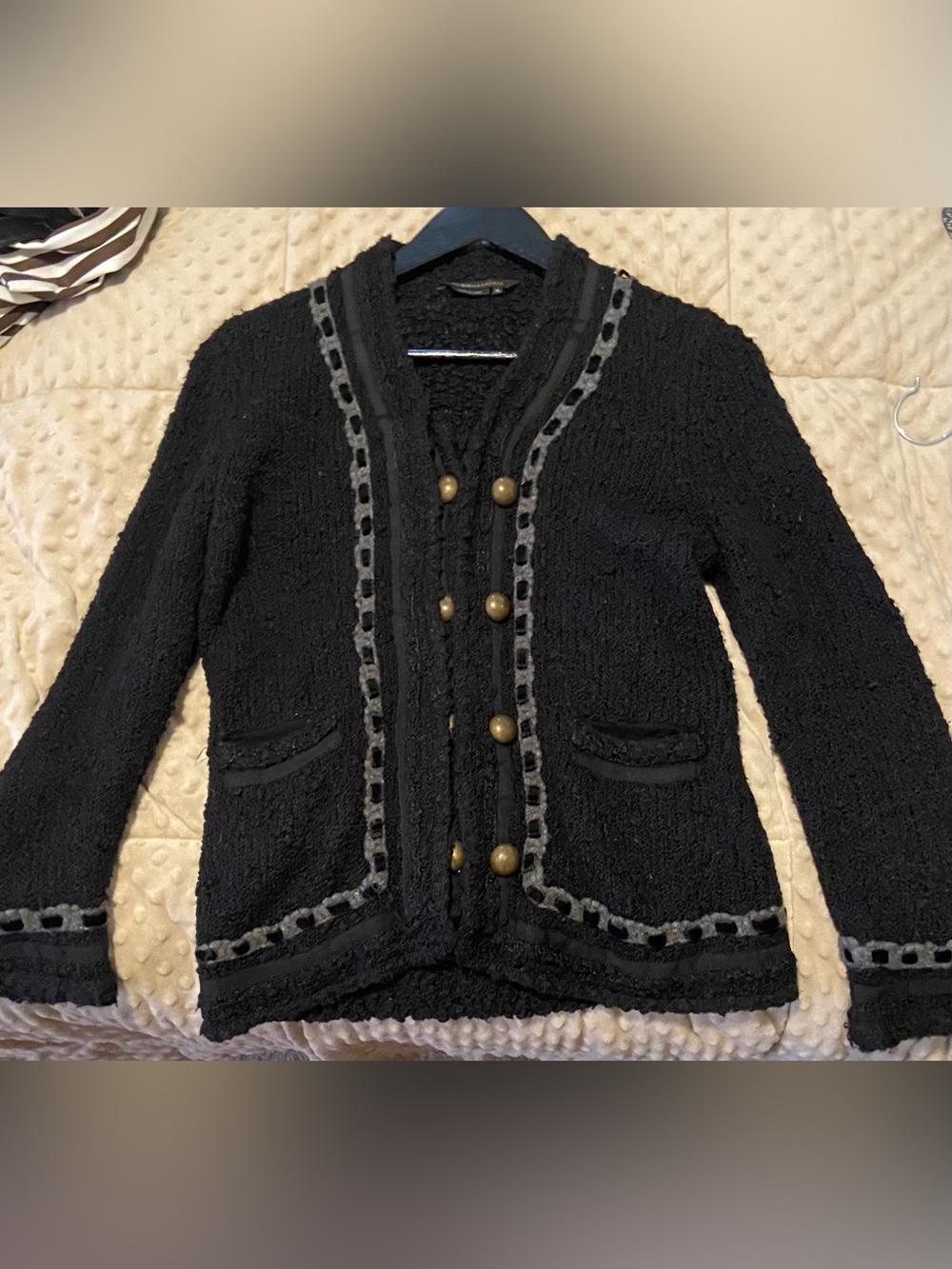 BCBG Max Azria Black Textured Military-Style Bouclé Jacket with Brass Buttons